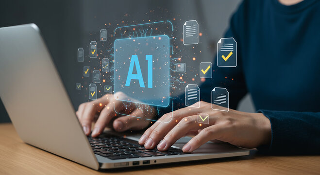 Person using laptop with ai document processing interface - Powered by Adobe
