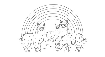 Llama coloring page for kids with rainbow background printable activity sheet for children on transparent background