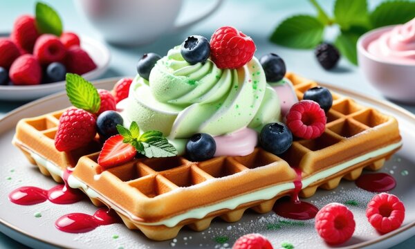 Delicious waffles topped with whipped cream and fresh mixed berries