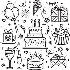 A festive line art illustration featuring birthday-themed icons such as a cake, balloons, gifts, party hats, champagne glasses, fireworks, and decorations, all arranged in a circular layout.
