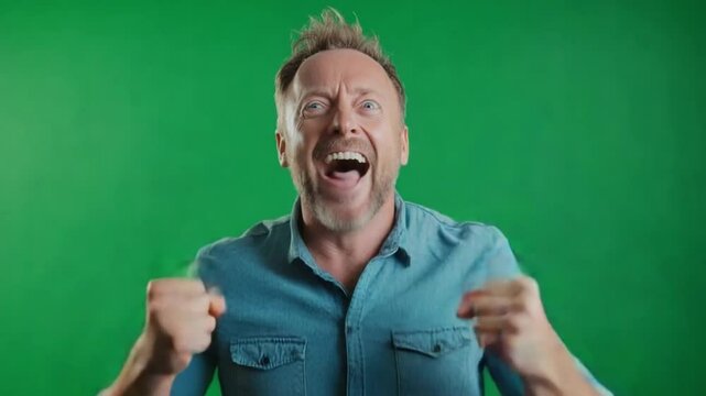 Pure Excitement on Green: A portrait of an excited man, arms raised, against a vibrant green background, showcasing unbridled elation and joy.
