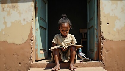 A young African girl sits barefoot on a doorstep, reading a book. She has dark hair tied in a bun and wears a simple light-colored dress. The background shows a rustic wall and open door.