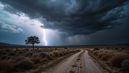 A dirt road leads through a vast desert landscape under a stormy sky. Dark clouds loom overhead, and a lightning bolt strikes in the distance near a solitary tree.