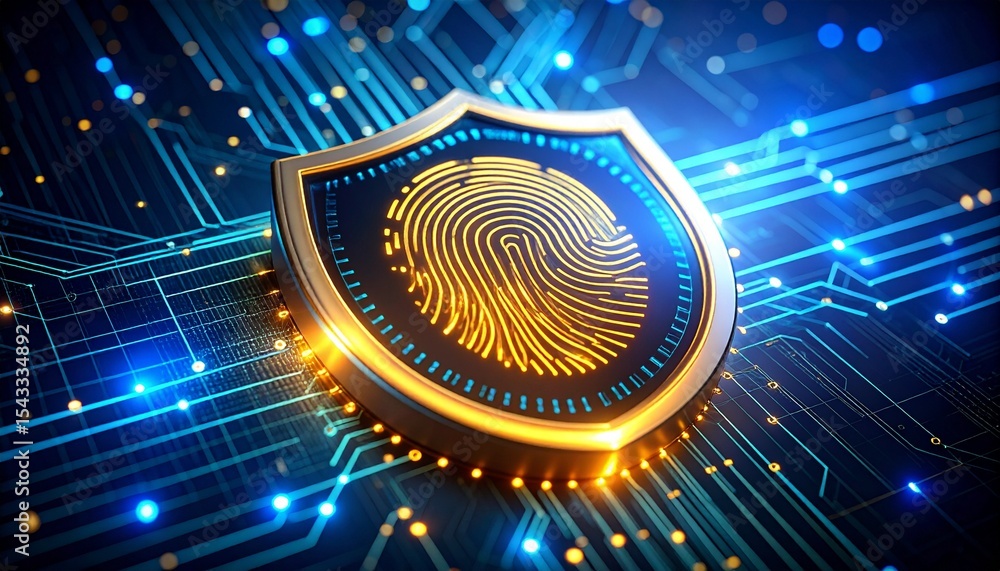 Poster digital fingerprint security symbol on a futuristic circuit board, representing data protection and 