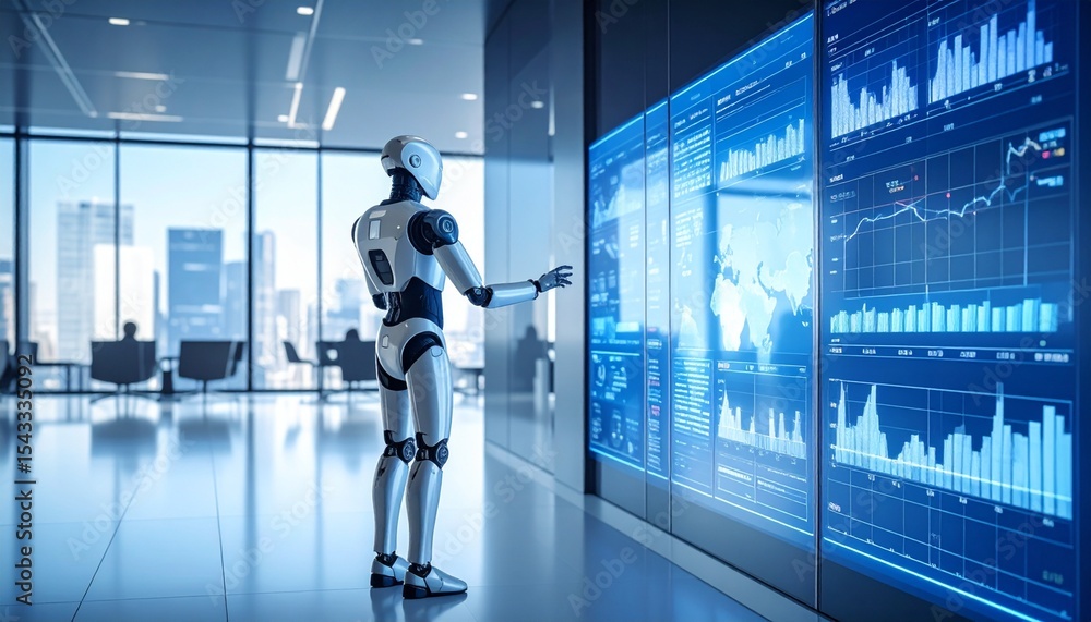 Poster a sleek robot interacting with data visualization panels in a modern office setting. the panels disp