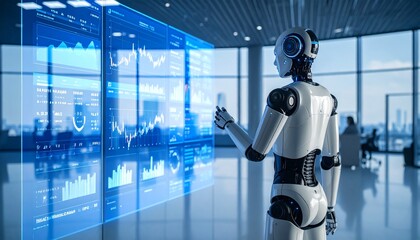 A robot using futuristic technology with charts and data displays