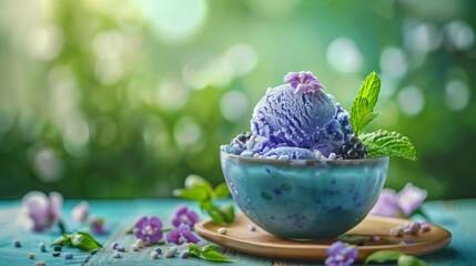 A beautiful bowl of lavender blue ice cream, garnished with delicate flowers, stands elegantly on a textured wooden surface, blending culinary art with nature's beauty and colors.