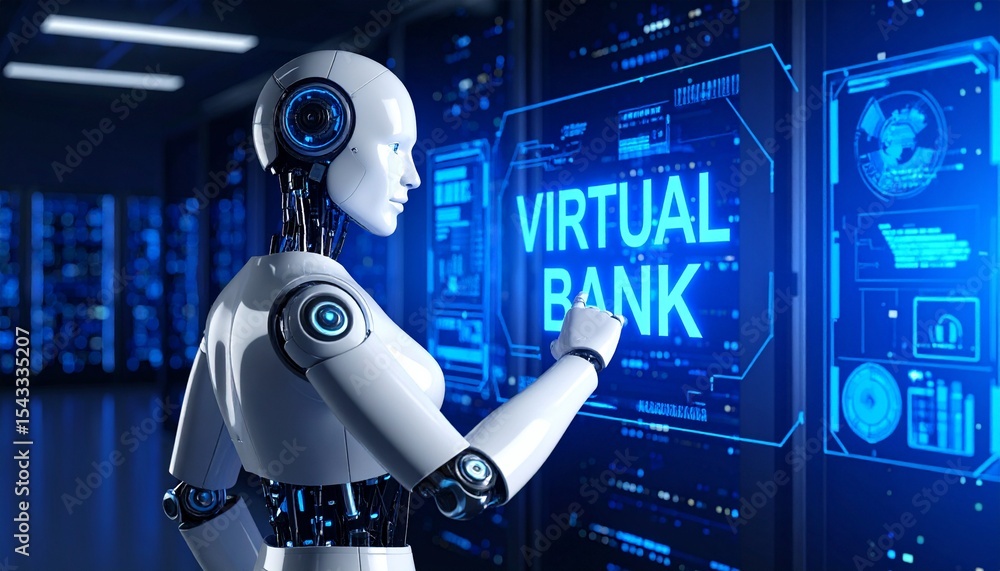 Poster a futuristic robot interacting with virtual bank interface