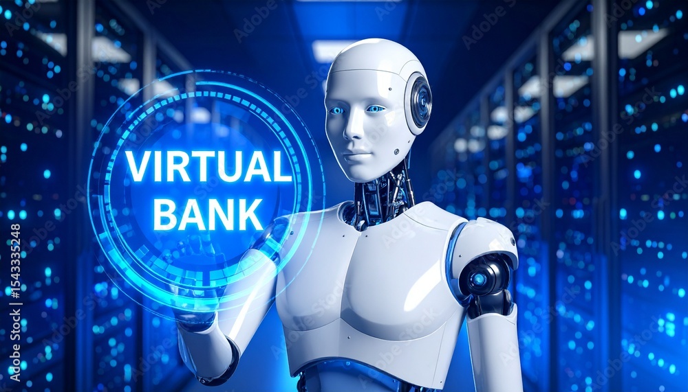 Poster a humanoid robot interacting with a virtual bank interface. the robot is white and sleek, standing i