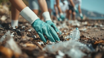 This meaningful image illustrates volunteers cleaning litter from a beach, emphasizing community efforts toward environmental conservation and the importance of preserving natural spaces.