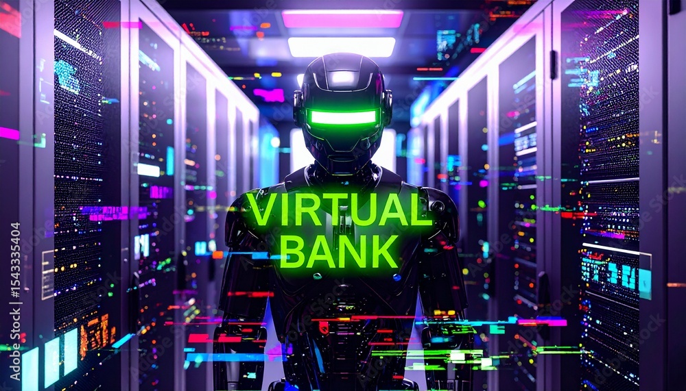 Poster virtual bank robot in a server room. a futuristic robot with glowing green text on its chest stands 