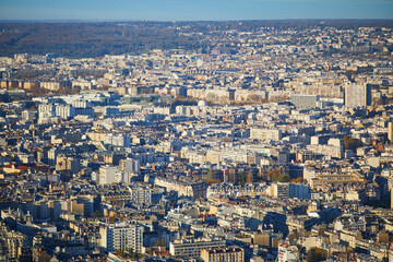Naklejka premium Aerial scenic view from Montparnasse tower to Paris, France.