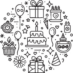 Fototapeta premium A festive line art illustration featuring birthday-themed icons such as a cake, balloons, gifts, party hats, champagne glasses, fireworks, and decorations, all arranged in a circular layout.