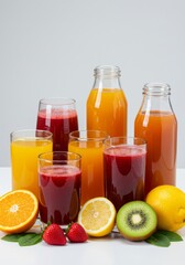 Assortment of Colorful Fruit Juices in Glasses and Bottles