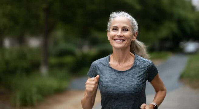 Active senior woman running outdoors in sportswear, smiling confidently, in a city park during sunset with soft natural lighting, dynamic motion, and calm, friendly expression.