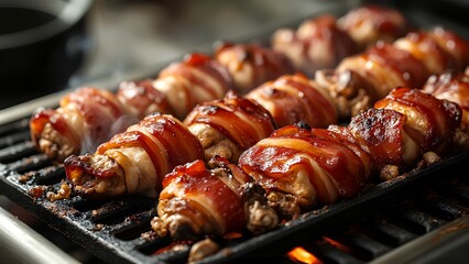 Bacon-wrapped mushrooms grilling on a barbecue with a smoky, glazed finish.