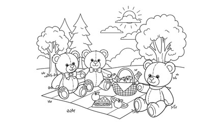 Fototapeta premium Teddy bear picnic coloring page for kids, cute bears in park, printable activity sheet for fun on transparent background
