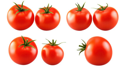 Set of fresh ripe tomatoes with vibrant red color and natural texture arranged for cooking or healthy eating isolated on white background