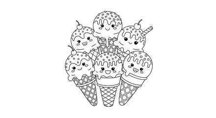 Ice cream coloring page for kids cute kawaii dessert cones printable summer activity fun sheet on transparent background