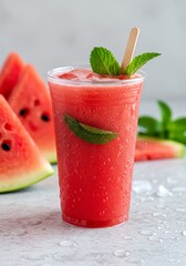 Refreshing Watermelon Smoothie in Plastic Cup