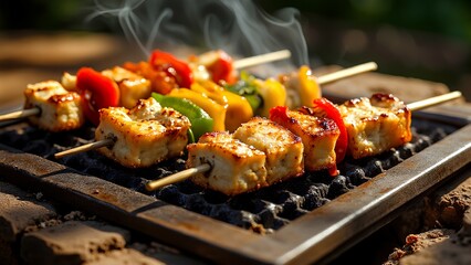 Grilled vegetable and tofu skewers sizzling on a barbecue grill, releasing steam and vibrant colors under natural light.
