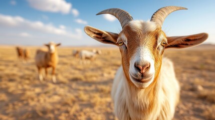 Fototapeta premium A close-up of a curious goat against a vast golden landscape, capturing its expressive gaze and the serene beauty of nature in the backdrop, symbolizing freedom and wilderness.