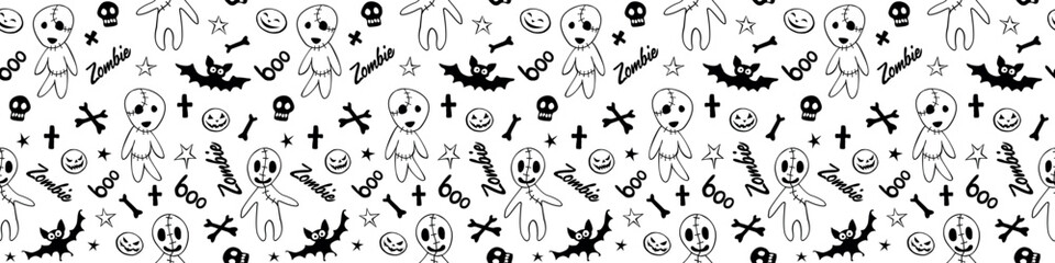 Vector seamless pattern with cute zombies, bats, skulls in cartoon style. Outline doodle flat illustration, isolated. Halloween backgrounds and textures.