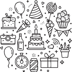 
A festive line art illustration featuring birthday-themed icons such as a cake, balloons, gifts, party hats, champagne glasses, fireworks, and decorations, all arranged in a circular layout.