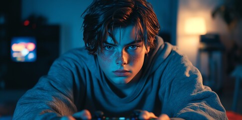 Obraz premium A casual gaming session at home where a boy