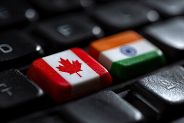 Closeup shows keyboard keys with Canadian  Indian flag prints detailed focus on flags