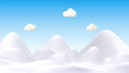 Minimalistic 3D Vector Illustration of Snowy Hills and Clouds