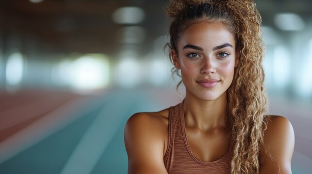 A close-up portrait of a confident athlete in a training facility, radiating determination and strength, embodying the spirit of perseverance in sports and fitness.