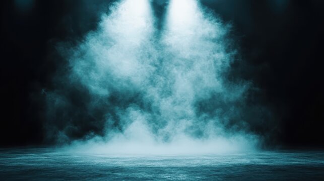 An atmospheric scene features thick fog illuminated by striking lighting, creating a mysterious and dramatic ambiance perfect for artistic expression and storytelling.