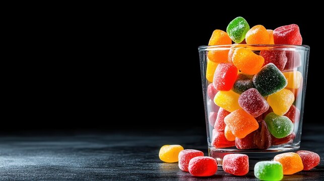 A vibrant glass jar brimming with an assortment of colorful gummy candies arranged beautifully, tempting those with a sweet tooth and evoking childhood memories.