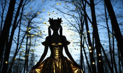 Mystical forest silhouette: woman in golden dress among starry reflections