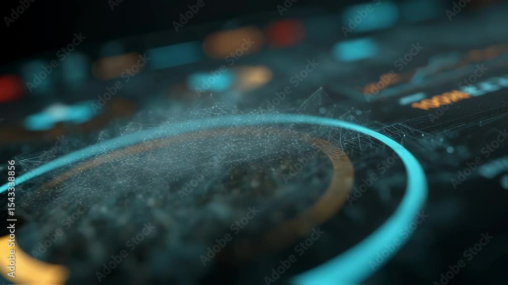 Poster futuristic heads up display - hud - showcasing data analysis with a glowing circular graph, network 