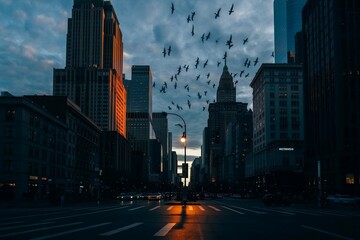 Tall buildings, streetlights, clouds, and birds

