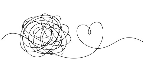 Valentine's Day Heart Doodle Single Continuous Thin Line Drawing Border, Chaotically tangled line and tangled heart. Psychotherapy for couple concept of solving problems is easy. Unravels chaos