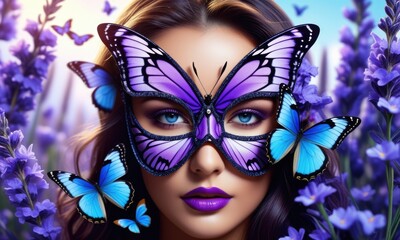 Obraz premium Dreamy woman with butterfly mask and lavender blossoms in vibrant fantasy setting