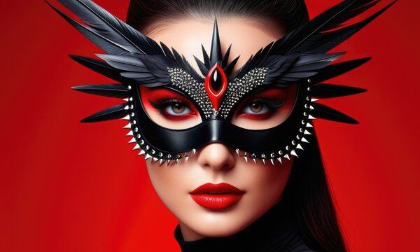 Mysterious woman in black feathered mask with red background