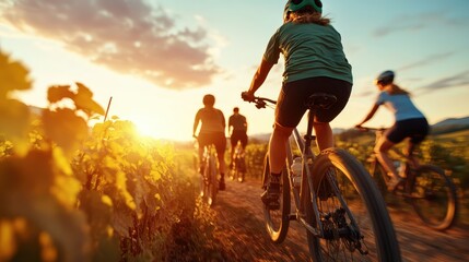 A group of cyclists riding their bikes through a sunlit vineyard captures the essence of adventure and camaraderie, set against a backdrop of natural beauty and fresh air.