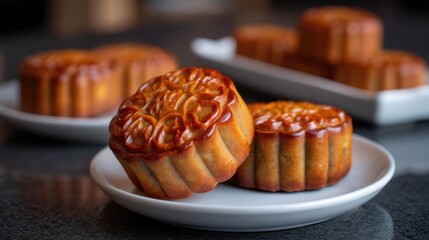 Exquisite Chinese Mooncakes Showcase Floral Details Golden Crust Dark Backdrop Cultural Festival Delicacy Traditional Pastry Rich Colors Warm Lighting