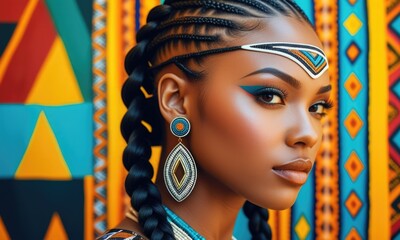 Vibrant portrait of woman with braided hair and geometric tribal patterns