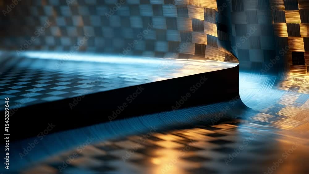 Poster sheets of innovative material with checkered pattern are bending and reflecting warm light, creating