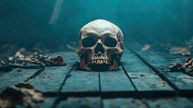 A hauntingly beautiful image of a skull resting on a rustic wooden floor surrounded by leaves, evoking themes of mortality, nature, and the passage of time.