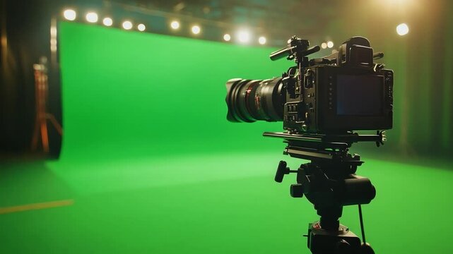 Green Screen Studio Setup: Professional film camera on a tripod set up before a large green screen, ready for filming.