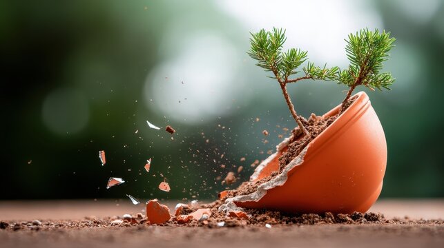 An image captures a broken terracotta pot from which resilient green shoots are bursting forth, symbolizing growth and new beginnings despite challenges.