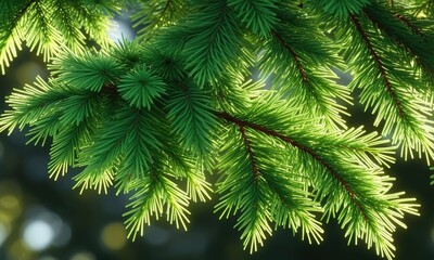 Sunlit pine tree branches with vibrant green needles and soft bokeh background