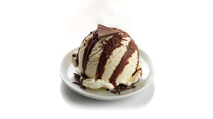 Delicious Chocolate Covered vanilla Ice Cream on a white plate isolated with white background