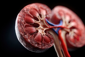 Crosssection of a kidney reveals internal structures medulla cortex renal pelvis blood vessels on a black backdrop